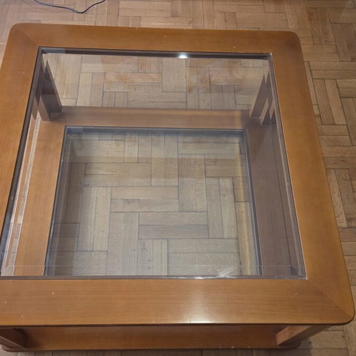 Coffee table set used, wooden with glass surfaces