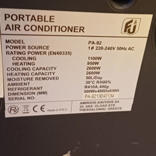 F&U PA-92 Portable Air Conditioner 9,000 BTU used, cooling heating dehumidifying