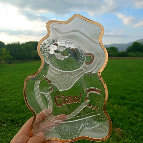 Glass platter small crystal clear with gold details unused