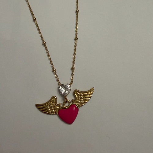 Angel wings necklace with pink heart and strass, new, stainless steel