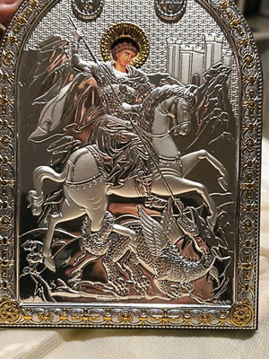 Silver Icon Saint George 925 on Handmade Wood New
