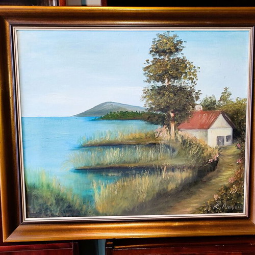 Oil painting on canvas signed by S. Loukisa, used, 70×60 cm with frame
