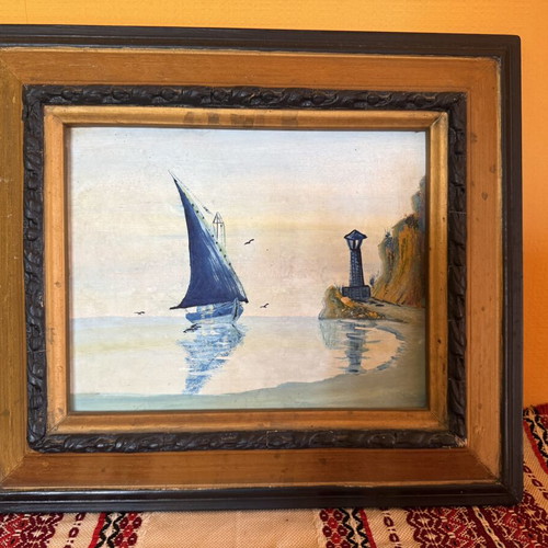 Vintage seascape painting with carved wooden frame like new