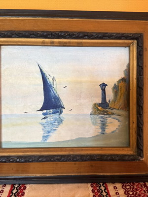 Vintage seascape painting with carved wooden frame like new