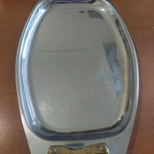 Vintage stainless steel serving tray used, year 1950
