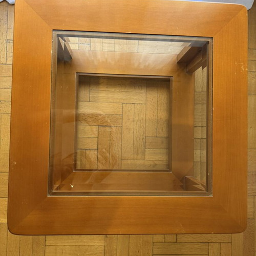 Coffee table set used, wooden with glass surfaces