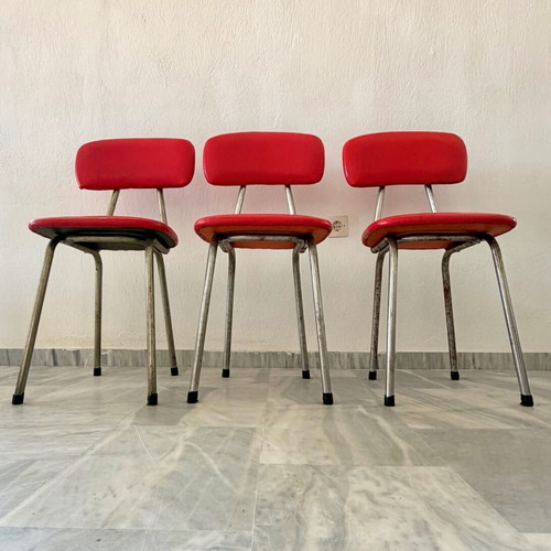 Vintage retro chairs set of 3 with red leather seats refurbished