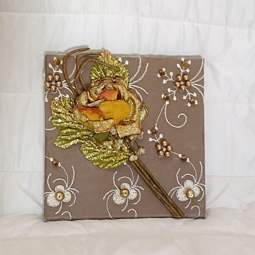 Handmade canvas wall art with flower, gold-beige-brown-orange-green shades