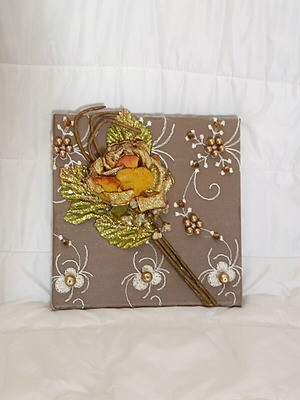 Handmade canvas wall art with flower, gold-beige-brown-orange-green shades