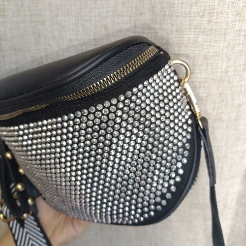 Black crossbody bag with embossed silver rhinestones