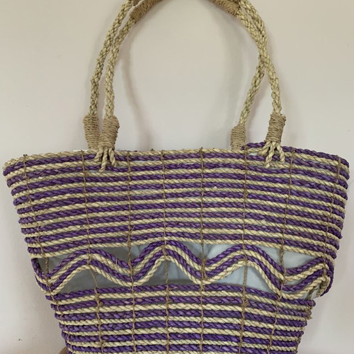 Summer bag handmade from rope and rattan, unused, natural and purple