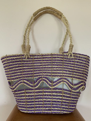 Summer bag handmade from rope and rattan, unused, natural and purple