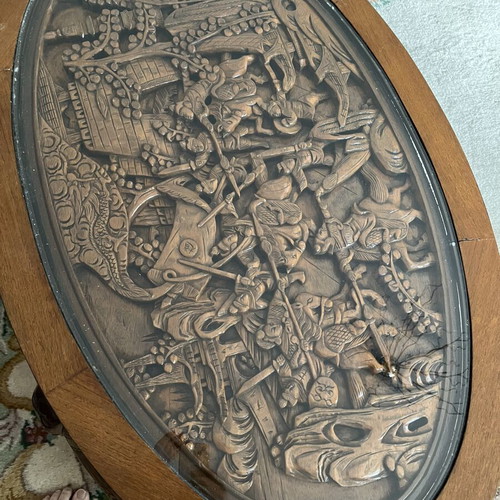 Chinese carved wooden coffee table set with six stools and four nesting tables like new
