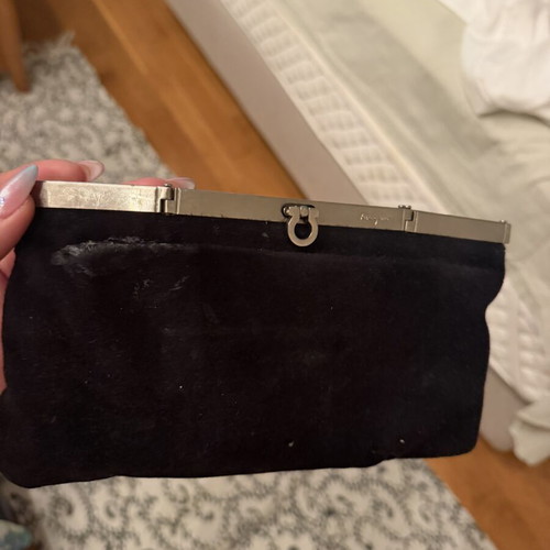 Salvatore Ferragamo black velvet clutch with silver metal frame