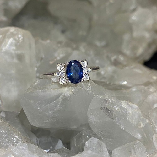 Handmade silver ring with natural blue sapphire and moissanites size 6