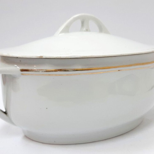 Vintage Schlaggenwald porcelain soup tureen, like new, white and gold