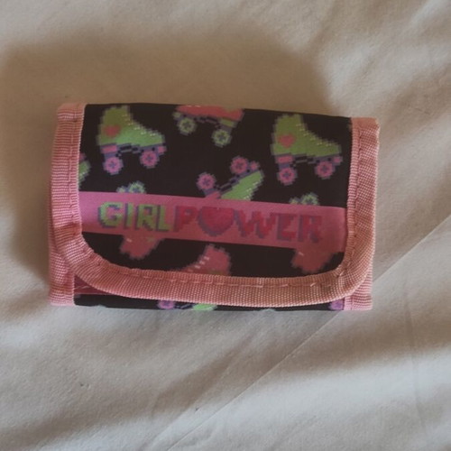 Children's wallet pink and black with skates and girl power message new