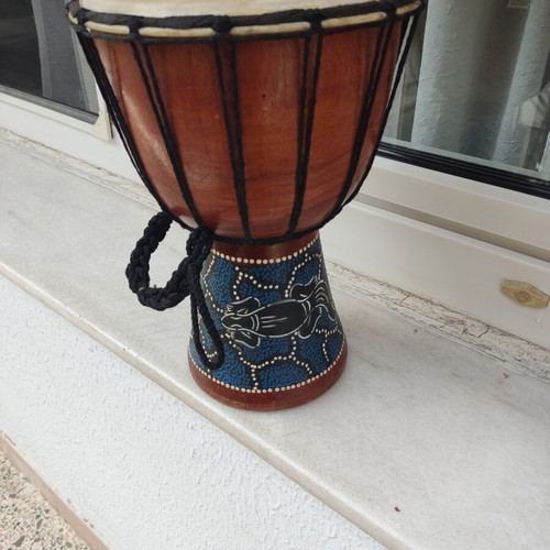 Djembe drum used, traditional carved wood, 30cm height