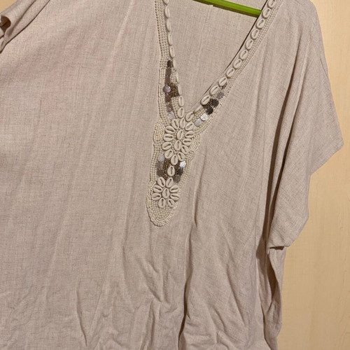 Mat oversized linen kaftan tunic with shells, like new, beige, size L