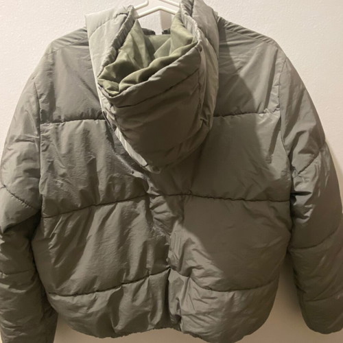 Women's jacket used with hood, short puffer style, H&M brown and green XS