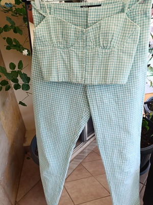 Zara checked set like new, cropped pants and bustier top mint cream