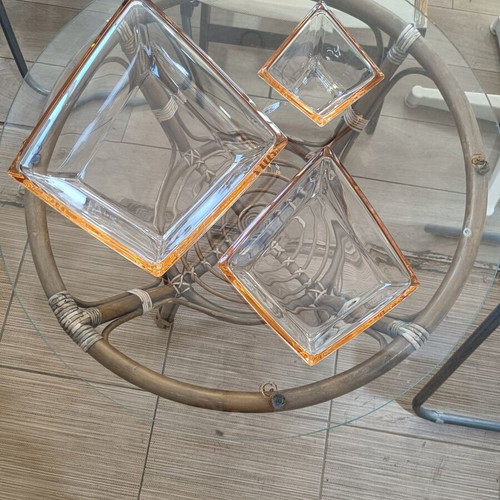 Set of 3 vintage glass decorative bowls with orange rim