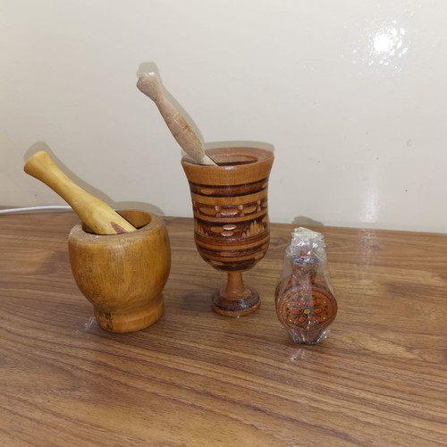 Wooden handmade mortars used, set of folk art decorations