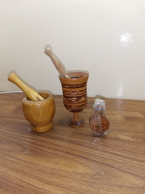 Wooden handmade mortars used, set of folk art decorations