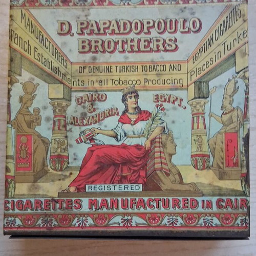 Papadopoulo Brothers metal tobacco box, 1900-1915, rare
