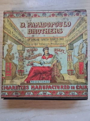 Papadopoulo Brothers metal tobacco box, 1900-1915, rare