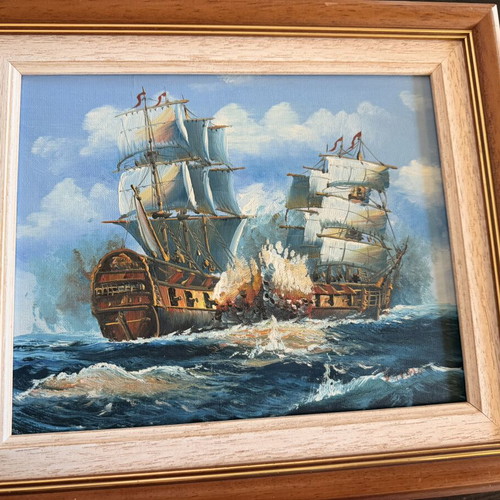 Vintage signed painting Vinno of sailing ships in stormy sea