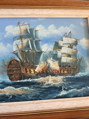 Vintage signed painting Vinno of sailing ships in stormy sea