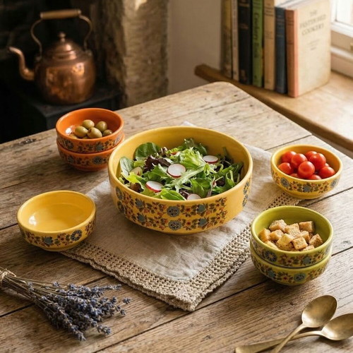 YALCO ceramic serving bowls set of 7 used, floral vintage retro