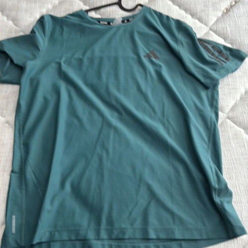Adidas shirt used, turquoise, size M missing two stripes