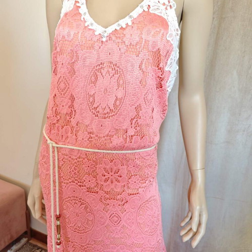 Vintage lace dress coral pink S/M