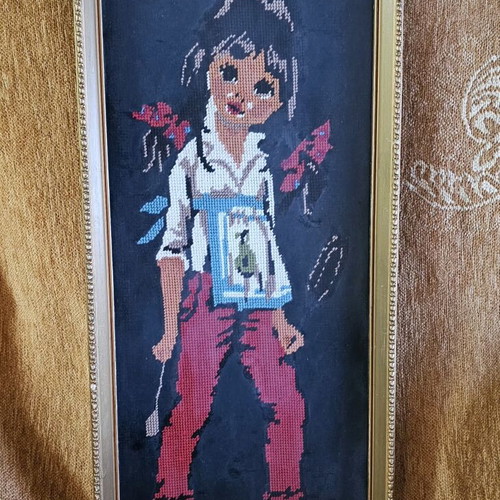 Embroidered retro style textile painting used, female figure 1970s