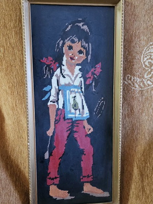 Embroidered retro style textile painting used, female figure 1970s