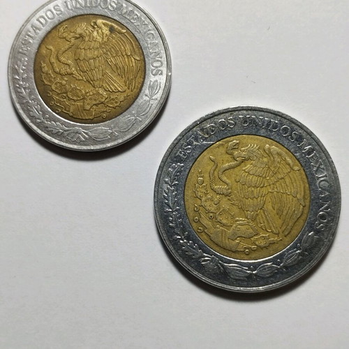 Mexican bimetallic coins used 1 Peso 2017 and 2 Pesos 2018