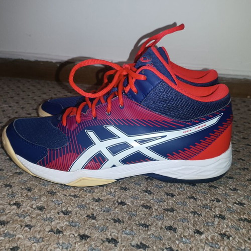 Asics volleyball shoes used, size 41.5, blue and red athletic sneakers