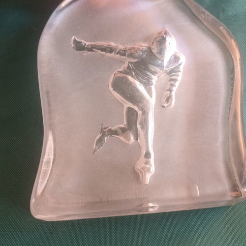 Bergdala Glasbruk Vintage Crystal Paperweight Ice Speed Skater