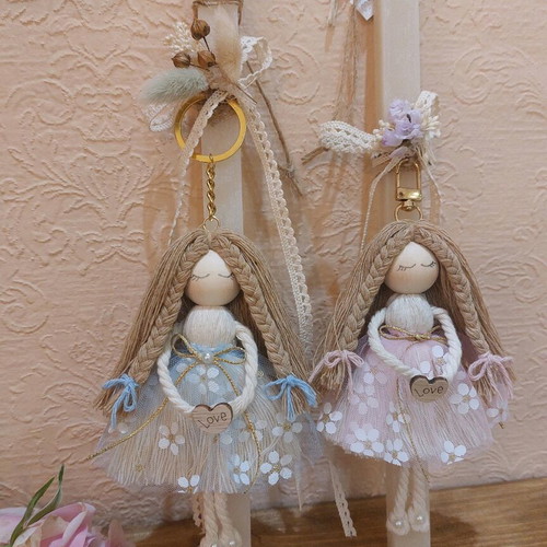 Scented candle with handmade macrame doll keychain new