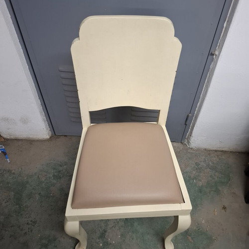 Set of 5 restored chairs in ecru color with new beige faux leather cushions