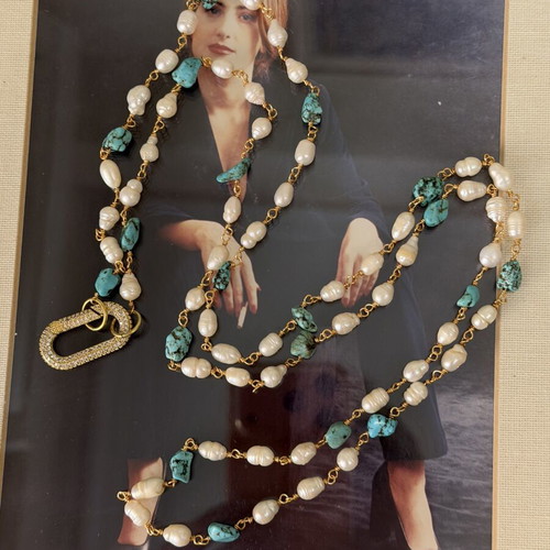 Handmade necklace with pearls, turquoise, and copper like new
