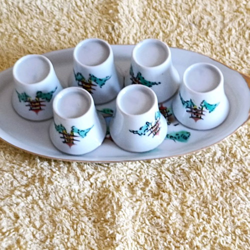 Sake set handmade used, Japanese porcelain with gold details