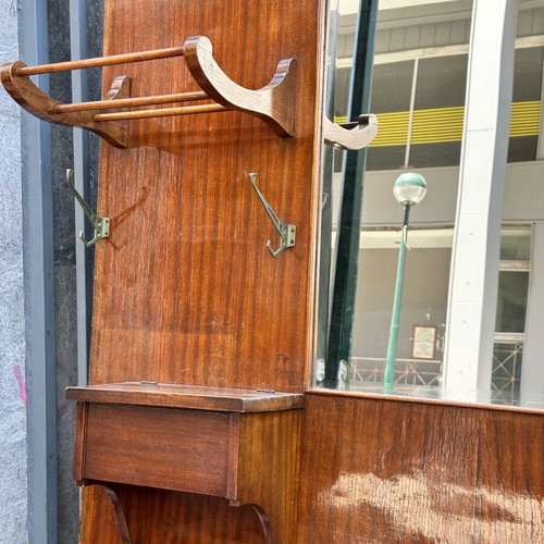 Retro wooden wall coat rack with mirror and canes 1950s used