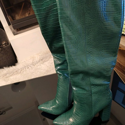 Green croco boots new with low thick heel
