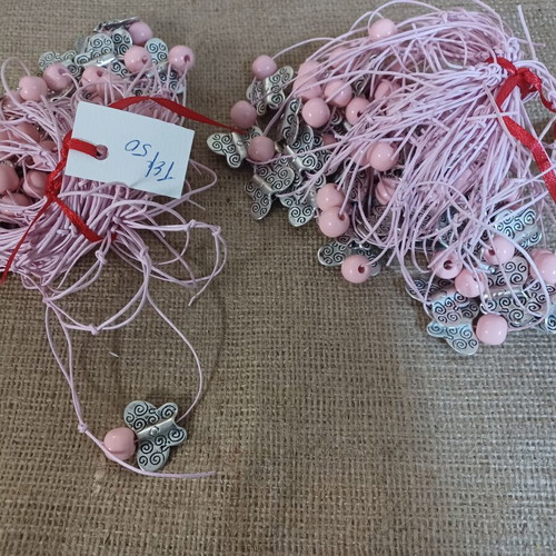 Baptism martyrika bracelets with metal butterfly and pink bead, pack of 100