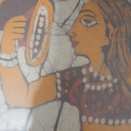 Indian batik used with girl combing hair, bathroom decoration