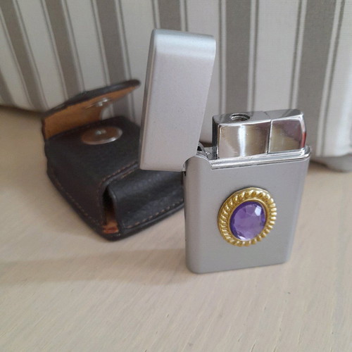 Lighter with purple gem in leather case new