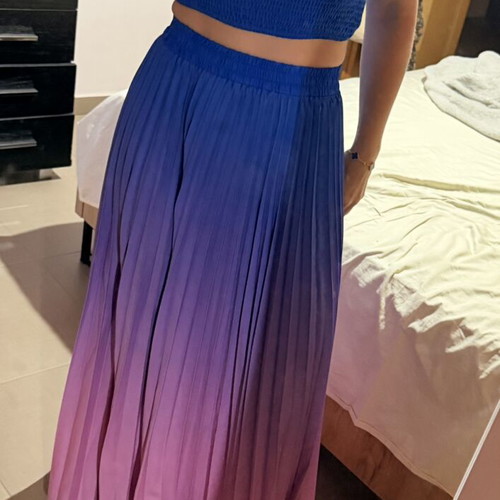 Two-piece set with strapless top and pleated maxi skirt ombre blue-lilac like new